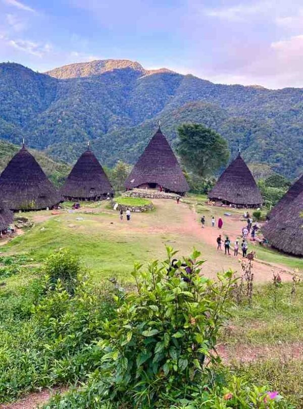 Traveler trekking through the Flores highlands on the way to Waerebo Village, surrounded by rainforest and mountains.