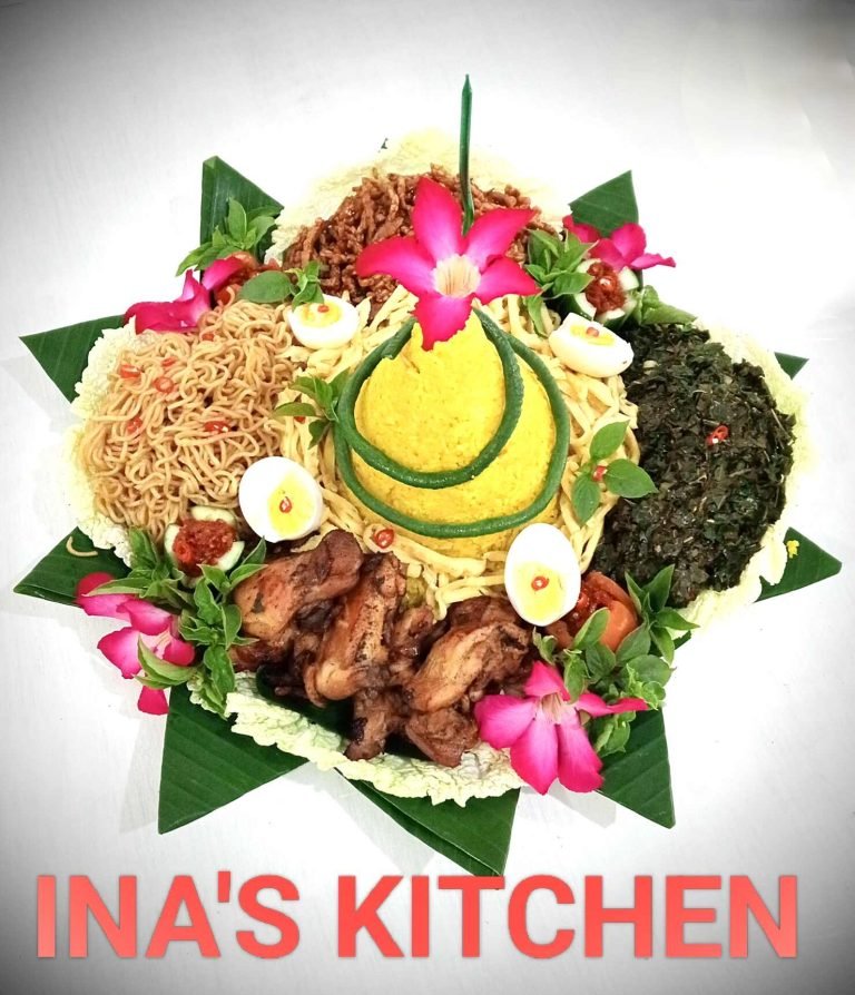 Catering 3 Traditional Indonesian Tumpeng rice dish served with assorted side dishes at Ina's Kitchen
