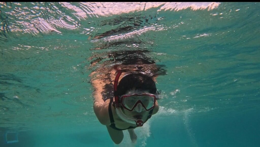 A person snorkeling underwater with a mask and snorkel, surrounded by vibrant marine life and coral reefs.