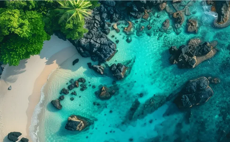 Aerial view of a pristine tropical beach near Labuan Bajo with turquoise waters and lush greenery