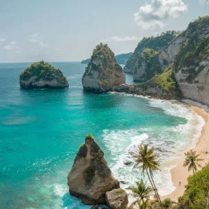 Pristine Indonesian beach with turquoise waters and palm-lined shores at sunset