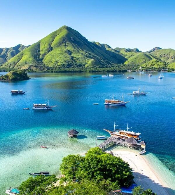 Aerial view of a large tropical island in Labuan Bajo,Komodo Archipelago speedboat