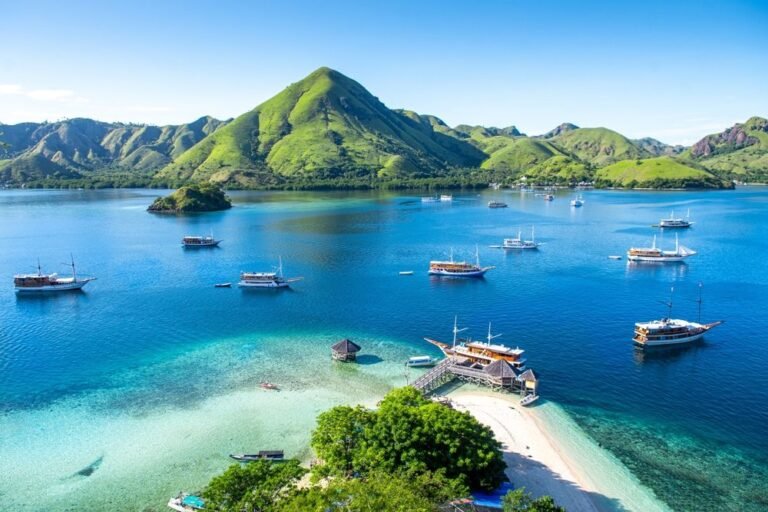 Aerial view of a large tropical island in Labuan Bajo,Komodo Archipelago speedboat