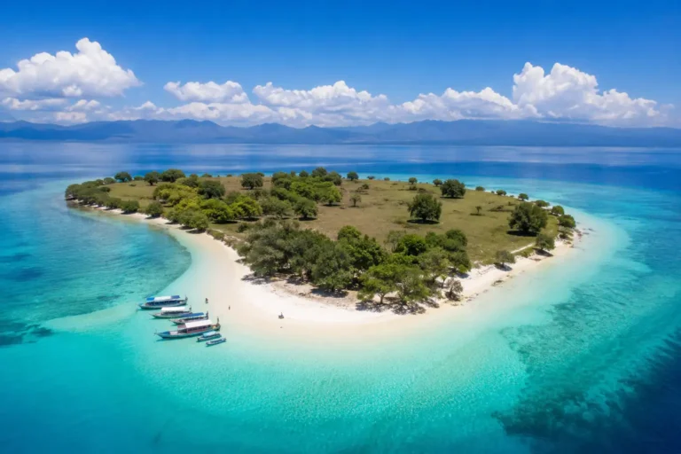 Aerial view of Gili Bedi Island with turquoise water and white sandy beach in Indonesia