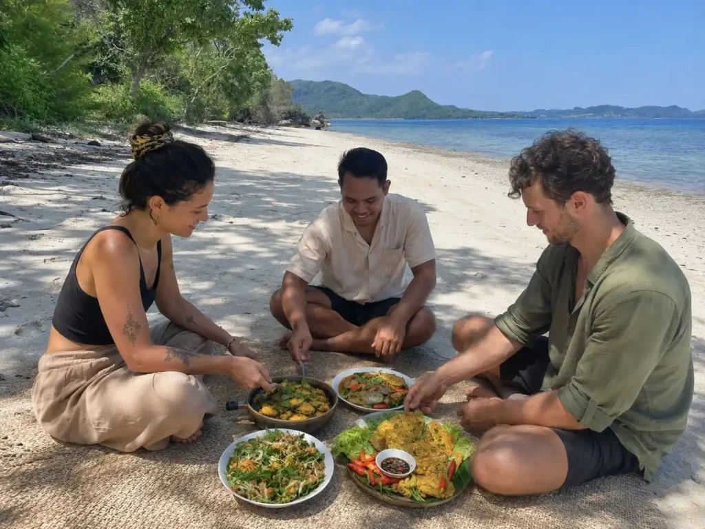Travelers enjoying Indonesian food during a beach cooking experience in Labuan Bajo