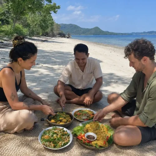 Travelers enjoying Indonesian food during a beach cooking experience in Labuan Bajo