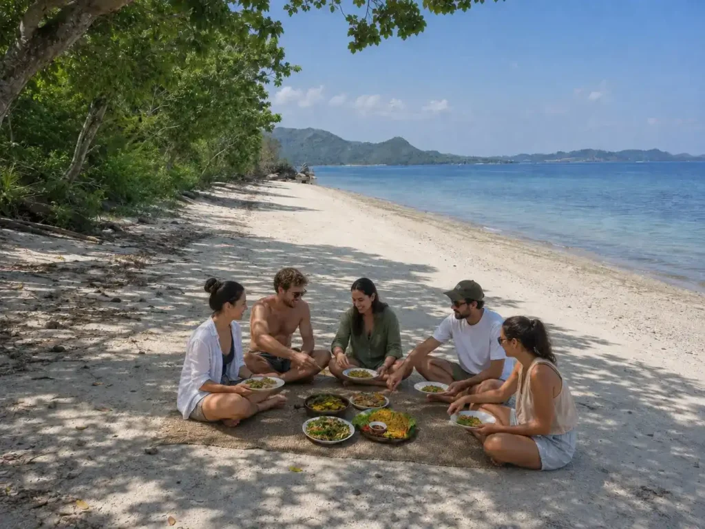 Travelers enjoying Indonesian food during a beach picnic in Labuan Bajo