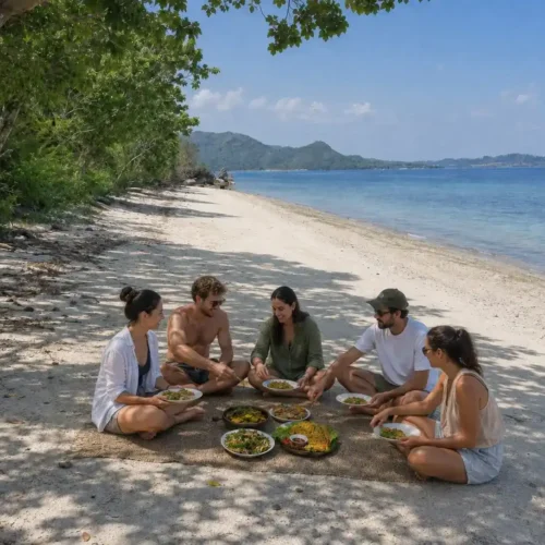 Travelers enjoying Indonesian food during a beach picnic in Labuan Bajo