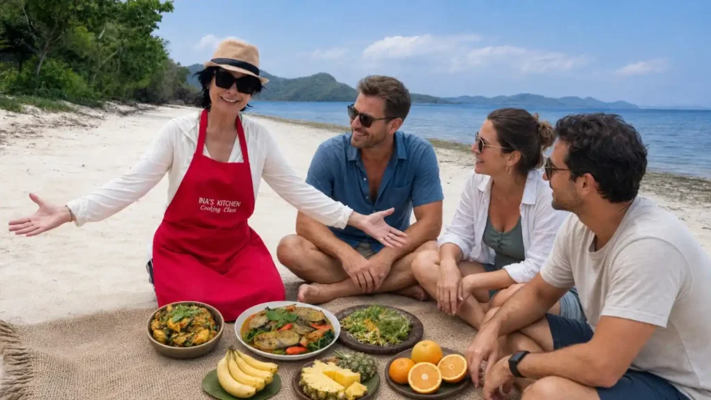 Indonesian cooking experience with travelers on a beach in Labuan Bajo