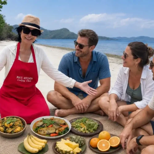 Indonesian cooking experience with travelers on a beach in Labuan Bajo