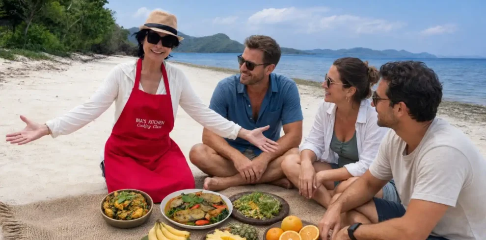 Indonesian cooking experience with travelers on a beach in Labuan Bajo
