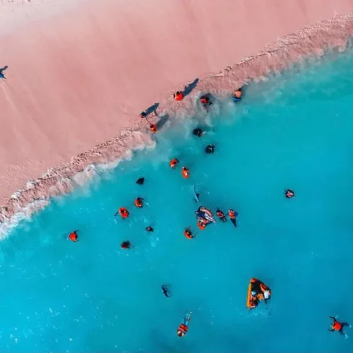 Snorkelers enjoying the turquoise water beside Pink Beach in Komodo National Park
