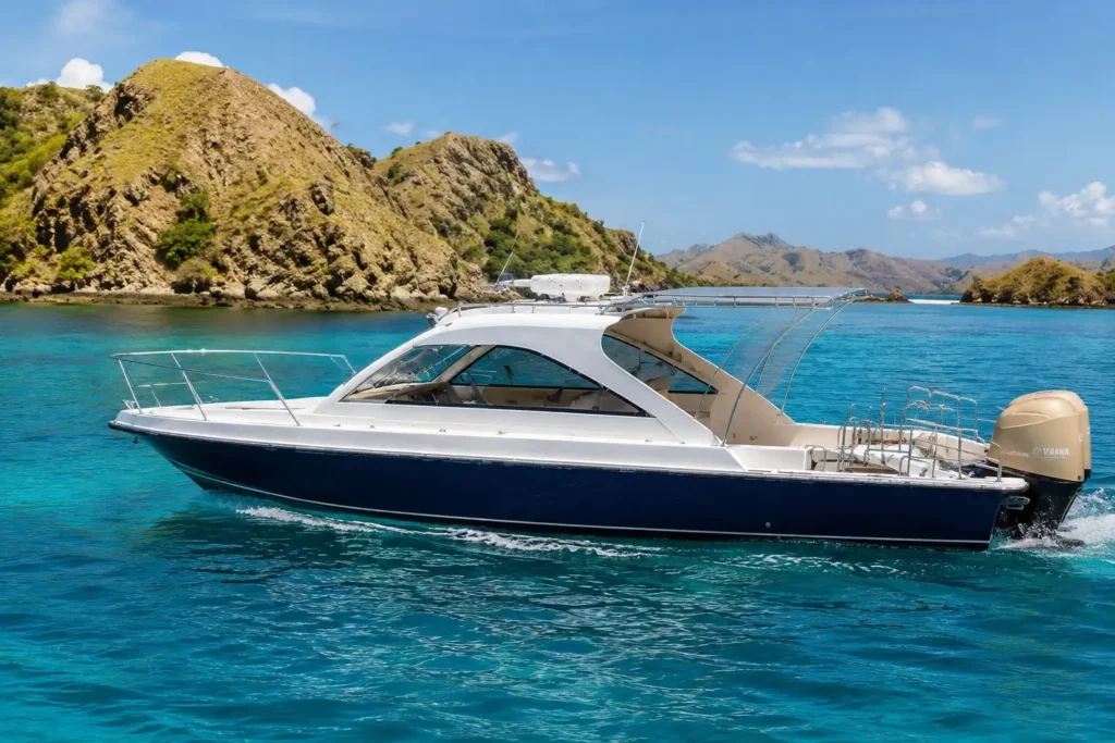 Premium private speedboat cruising through the turquoise waters near Labuan Bajo